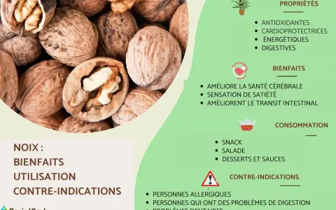 Gros plan sur des noix, mettant en avant leurs nombreux bienfaits : antioxydantes, cardioprotectrices, énergétiques et digestives. Elles améliorent la santé cérébrale et le transit intestinal.