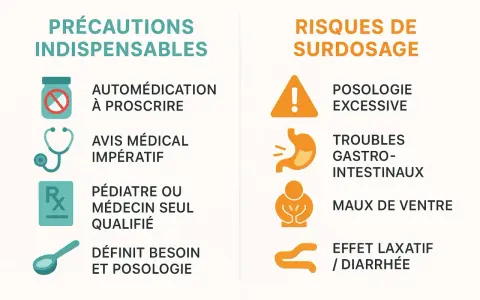 Précautions et risques de surdosage du malate de magnésium : automédication à proscrire, avis médical impératif, troubles gastro-intestinaux, maux de ventre, effet laxatif/diarrhée.