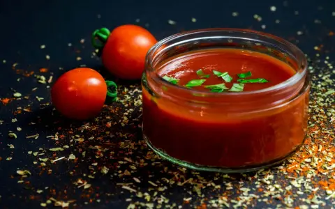 Un pot de jus de tomate frais, garni de basilic, avec deux tomates entières et des épices sur fond sombre.