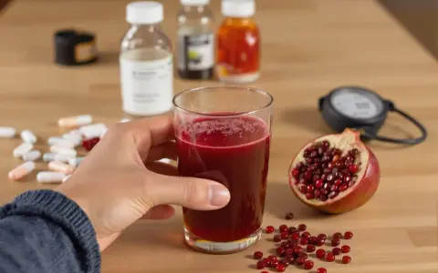 Main d'une personne tenant un verre de jus de grenade, avec une moitié de grenade, des pilules et des flacons en arrière-plan. Le jus de grenade est connu pour ses nombreux bienfaits.