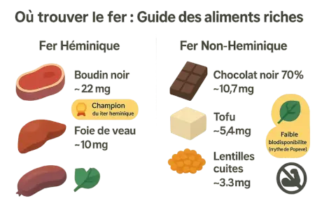 Guide des aliments riches en fer : boudin noir, foie de veau, chocolat noir, tofu, lentilles. Certains légumes sont aussi une source de fer.