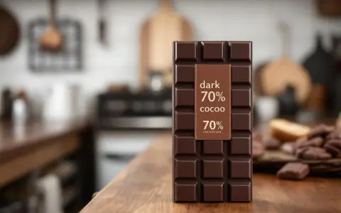 Une tablette de chocolat noir 70% cacao, promesse de bienfaits pour la santé et de plaisir gustatif, posée sur un plan de travail en bois.