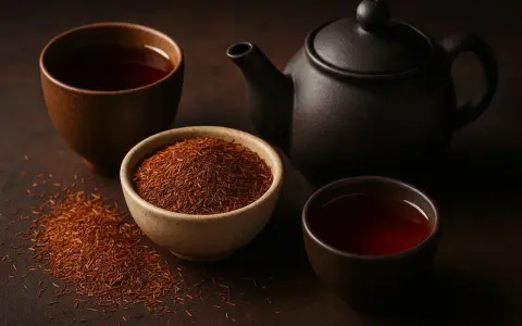 Découvrez le rooibos : une théière et des tasses de thé rouge ambré, avec un bol de feuilles de rooibos séchées.