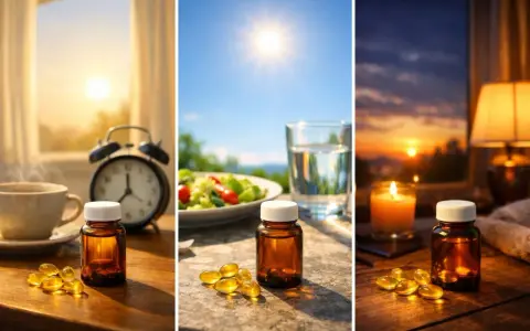 Quand prendre des vitamines ? Matin, midi, soir : des pilules à côté d'un café, d'une salade ou d'une bougie.