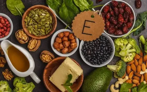 Assortiment d'aliments riches en vitamine E : amandes, noisettes, épinards, avocat, haricots noirs, graines de courge, et huile.