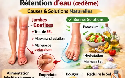 Jambes gonflées dues à la rétention d'eau. Le manque de potassium est une cause, les bonnes solutions incluent une alimentation riche en potassium.