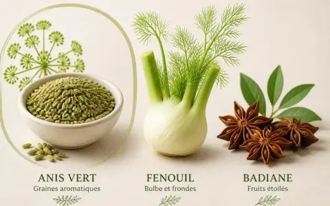 Un bol de graines d'anis vert, un bulbe de fenouil et des fruits étoilés de badiane.