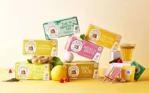 Boîtes de thés et infusions à froid Les 2 Marmottes : Menthe Ole, Citron Gingembre, Menthe Réglisse, Mélée de Fruits, Thé Citron, Fenouil.