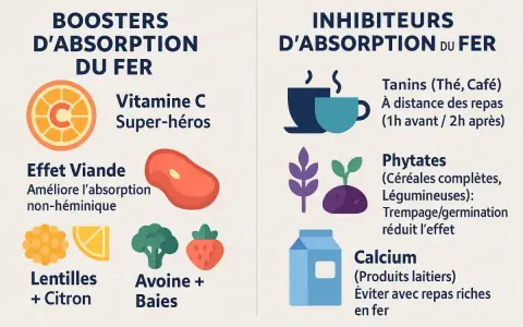 Vitamine C, viande, lentilles et avoine sont des boosters d'absorption du fer. Le calcium, les tanins et phytates l'inhibent.