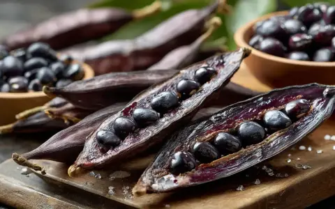 Gousses de mucuna pruriens ouvertes, révélant des graines noires brillantes. Des graines sont aussi dans un bol en bois.