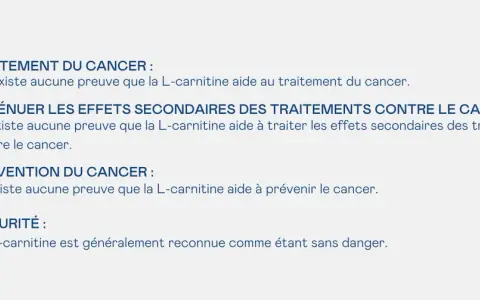 La L-carnitine n'aide pas au traitement, à la prévention ou à l'atténuation des effets secondaires du cancer. Elle est reconnue comme sans danger.