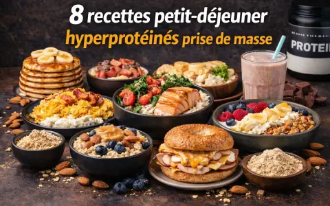 Un assortiment de 8 recettes petit-déjeuner hyperprotéinées pour la prise de masse : pancakes, saumon, œufs, smoothie, bagel, et bols de flocons d'avoine.