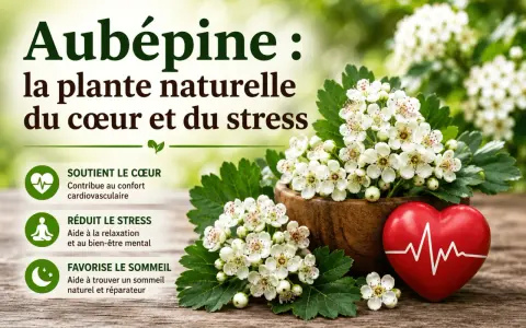 Aubépine : la plante naturelle du cœur et du stress. Ses bienfaits incluent le soutien cardiovasculaire, la réduction du stress et l'amélioration du sommeil.