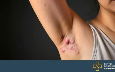 Gros plan sur une aisselle présentant plusieurs boutons rouges et enflammés, certains ressemblant à des kystes.