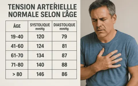 Tableau de tension artérielle normale selon l'âge, avec un homme se tenant la poitrine.