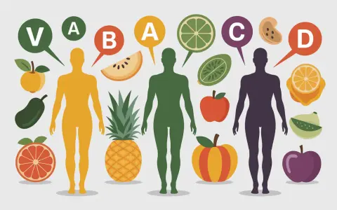 Trois silhouettes humaines entourées de fruits et légumes, symbolisant une cure de vitamine.