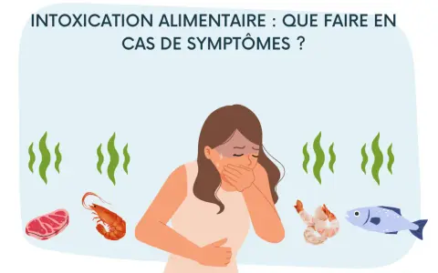 Une femme souffre de symptômes d'intoxication alimentaire. Elle a le visage couvert de sueur et se tient le ventre. Autour d'elle, des aliments comme du bœuf, des crevettes et du poisson suggèrent la cause. Le traitement de l'intoxication alimentaire e...