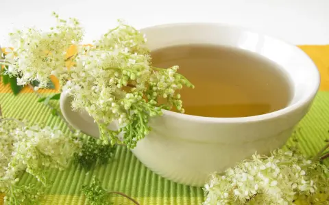 Une tasse de tisane à la reine des prés, ornée de ses délicates fleurs blanches.