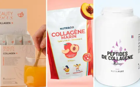 Trois produits de beauté : une boîte de sachets de collagène, un sachet de collagène marin pêche, et un pot de peptides de collagène.