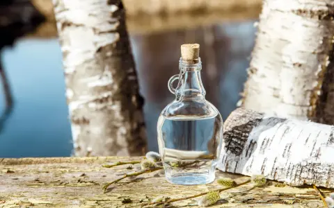 Bouteille de sève de bouleau claire, bouchée, posée sur du bois vieilli, entourée de chatons. Attention, le danger sève de bouleau est réel si mal récoltée.