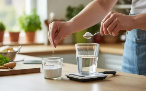 Préparation d'une boisson : une main verse du bicarbonate de soude dans un verre d'eau, tandis qu'une autre main ajoute une pincée du même produit dans un pot. Le dosage bicarbonate de soude à boire est précis.
