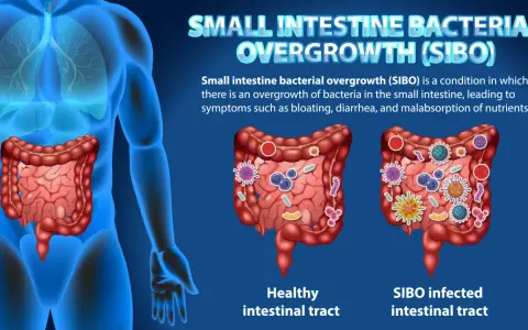 Illustration comparant un intestin sain et un intestin infecté par SIBO, montrant les symptômes de la prolifération bactérienne.