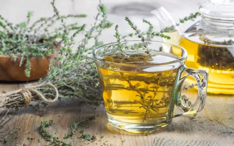 Une tasse de tisane thym digestion, avec du thym frais à côté et une théière en arrière-plan.