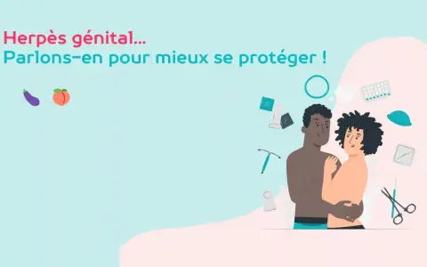 Herpès génital : parlons-en pour mieux se protéger ! L'image montre un couple et des symboles de contraception, suggérant des moyens de prévention.