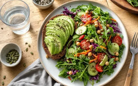 Tranche de pain complet garnie d'avocat tranché, accompagnée d'une salade colorée. L'avocat, bienfait pour la santé, est ici sublimé.