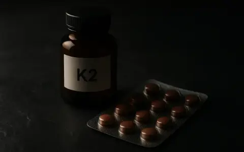 Flacon étiqueté K2 et blister de pilules sur fond sombre. Attention au vitamine k danger.