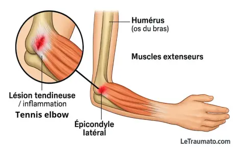 Illustration d'une tendinite du coude, aussi appelée "tennis elbow", montrant l'inflammation de l'épicondyle latéral.