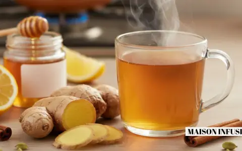 Une tasse fumante d'infusion gingembre, avec du miel, du citron et des épices. Parfait pour se réchauffer.