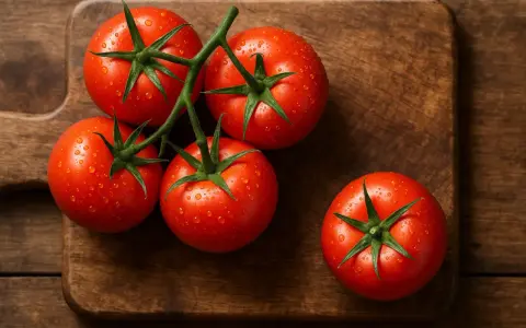 Cinq tomates rouges et juteuses, couvertes de gouttelettes d'eau, reposent sur une planche à découper en bois. Une faible calorie tomate pour une alimentation saine.