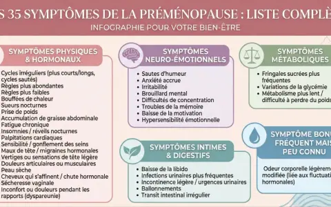 Infographie listant les 35 symptômes de la préménopause, incluant des signes physiques, neuro-émotionnels, intimes, digestifs et métaboliques.