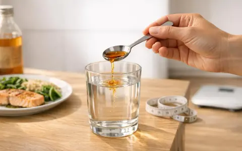 Une cuillère verse du vinaigre de cidre dans un verre d'eau. À côté, un plat de saumon et des légumes, une balance et un mètre ruban suggèrent un repas sain.