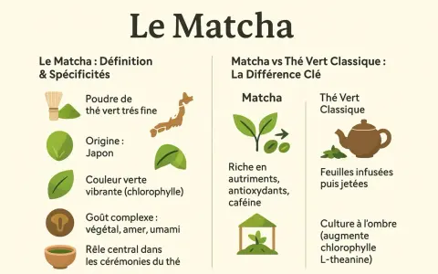 Infographie sur le matcha : poudre fine, origine Japon, couleur verte vibrante, goût complexe. Ses thé bienfaits incluent antioxydants et L-théanine.