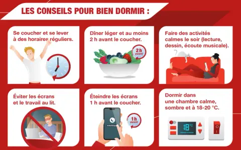 Conseils pour bien dormir : horaires réguliers, dîner léger 2h avant, activités calmes, éviter écrans et travail au lit, chambre sombre et fraîche. Lutte contre l'insomnie cause.