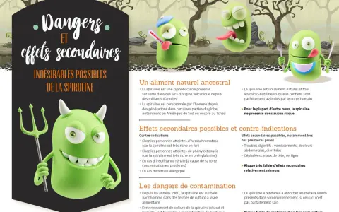 Le diable vert brandit sa fourche, avertissant des dangers et effets secondaires indésirables possibles de la spiruline.