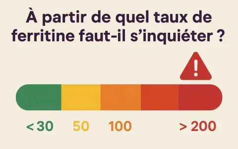 Graphique indiquant les taux de ferritine. Un taux élevé peut être un symptôme à surveiller. Le rouge (>200) signale un danger.