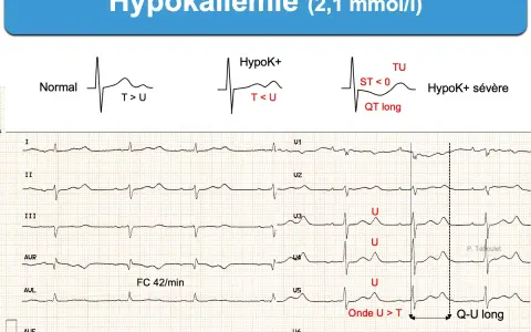 Électrocardiogramme montrant une hypokaliémie sévère avec onde U > T et QT long, signes d'un manque de potassium.