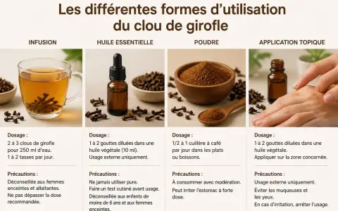 Une tasse d'infusion clou de girofle, aux côtés d'autres formes d'utilisation : huile essentielle, poudre et application topique.
