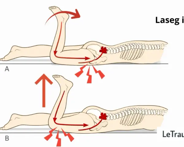 Lasegue inversé : mouvements à éviter pour la cruralgie. Le mouvement A accentue la douleur, le mouvement B est plus doux.