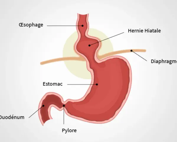Schéma du diaphragme et de l'estomac montrant une hernie hiatale. Des remèdes de grand-mère peuvent aider à soulager les symptômes.
