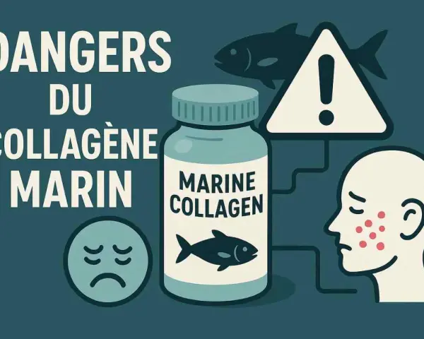 Illustration des dangers du collagène marin : une bouteille, un visage avec des boutons, un panneau d'avertissement et un poisson.