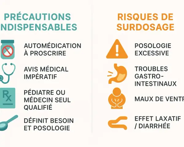 Précautions et risques de surdosage du malate de magnésium : automédication à proscrire, avis médical impératif, troubles gastro-intestinaux, maux de ventre, effet laxatif/diarrhée.