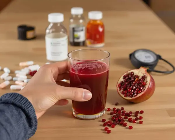 Main d'une personne tenant un verre de jus de grenade, avec une moitié de grenade, des pilules et des flacons en arrière-plan. Le jus de grenade est connu pour ses nombreux bienfaits.