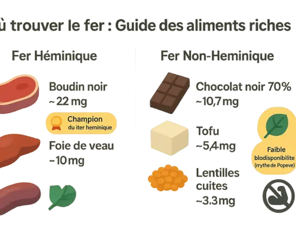 Guide des aliments riches en fer : boudin noir, foie de veau, chocolat noir, tofu, lentilles. Certains légumes sont aussi une source de fer.