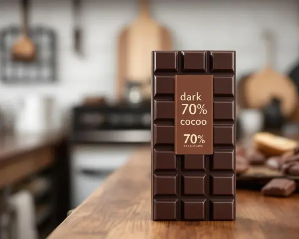 Une tablette de chocolat noir 70% cacao, promesse de bienfaits pour la santé et de plaisir gustatif, posée sur un plan de travail en bois.