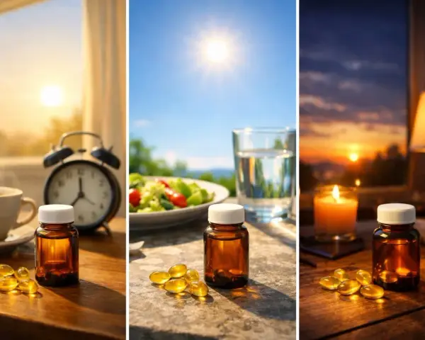 Quand prendre des vitamines ? Matin, midi, soir : des pilules à côté d'un café, d'une salade ou d'une bougie.
