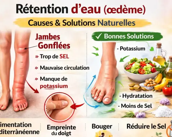 Jambes gonflées dues à la rétention d'eau. Le manque de potassium est une cause, les bonnes solutions incluent une alimentation riche en potassium.